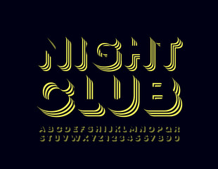 Vector bright Sign Night Club with modern Font. Unique Black and Yellow Alphabet. Creative Letters and Numbers.