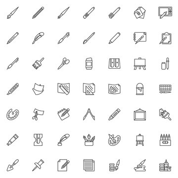 Drawing tools line icons set. Art supplies linear style symbols collection, outline signs pack. vector graphics. Set includes icons as paintbrush, paint jar, color palette, easel, pencil, pen, marker