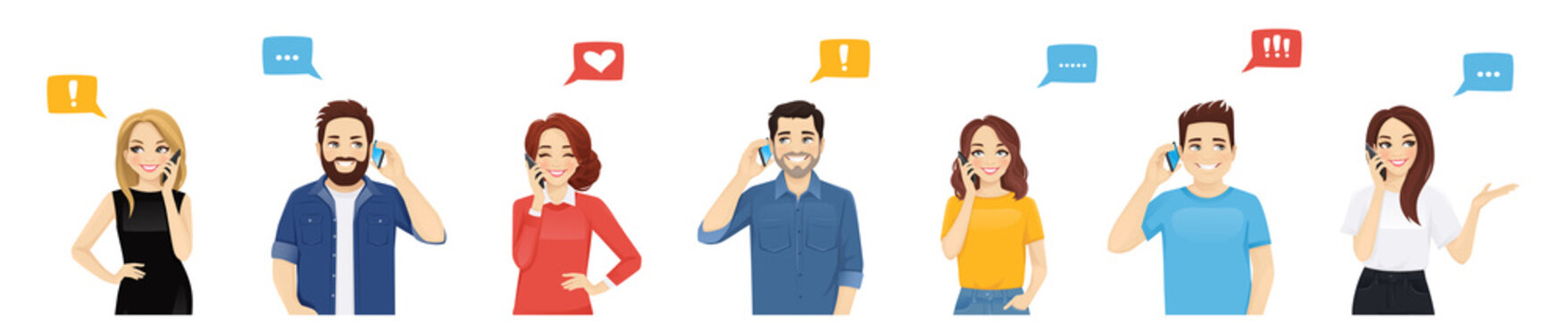 Smiling young people talking on mobile phones. Men and women characters set vector illustration isolated