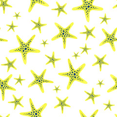 Fototapeta na wymiar Watercolor seamless pattern with yellow starfish. Hand-drawn watercolor elements. Sea life. Underwater.