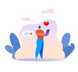 Vector cartoon man sending message by smartphone