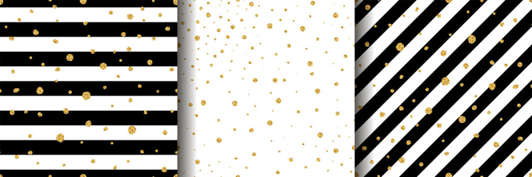 Set of Christmas vector striped seamless patterns. 3 holiday ornaments for wallpapers, posters, wrapping paper. Golden sparkles isolated on white background. Gold glitter with black and white stripes
