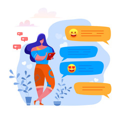 Vector cartoon woman sending message by smartphone