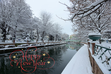 Happy New Year concept card with a beautiful winter landscape background.