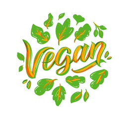 Vegan lettering, logo. Vector illustration. Handwritten composition