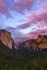 Dramatic skies after sunset at Tunnel View in Yosemite National Park