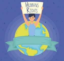 young woman with human rights label and earth planet