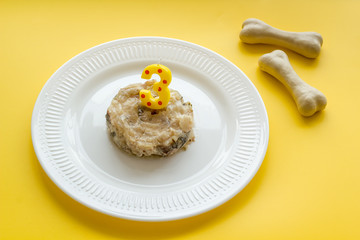 Birthday party for puppy. Dog feed, candle in shape of number three, bones on yellow background
