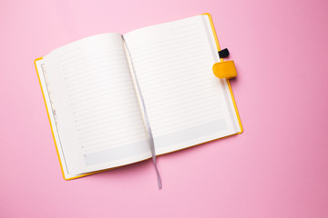 Diary with open blank pages for inscription on a pink isolated background.