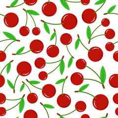 Cherry seamless pattern on white background. Fresh berry with green leaves flat vector illustration