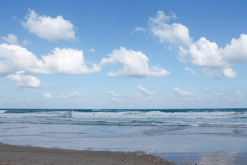 Seashore at Bat Yam, Israel. Waves on the blue stormy sea. Mediterranean coastline. Travelling picture