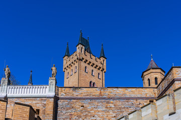 Fototapeta na wymiar Germany Hohenzollern Castle is a hilltop castle located on the Mount Hohenzollern. The castle is a structure composed of four primary Parts; fortress, palace,chapels and gardens.