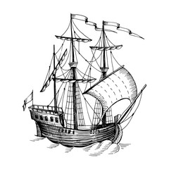 Old caravel, vintage sailboat. Hand drawn vector sketch.