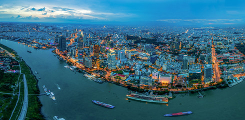 Panorama view of night cityscape in Ho Chi Minh city 