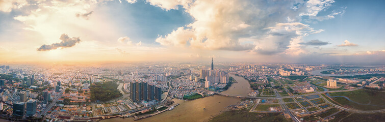 Fototapeta na wymiar Panorama cityscape of Ho Chi Minh city under blue sky