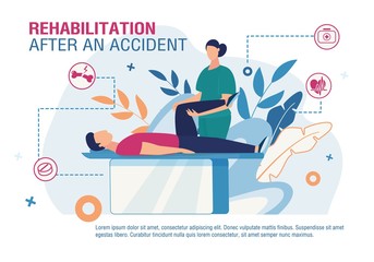 Rehabilitation after Accident Advertising Poster. Cartoon Doctor Physiotherapist Working with Patient Leg after Injury, Trauma. Orthopedics Medicine. Telemedicine Banner. Vector Flat Illustration