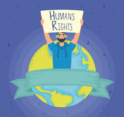young man with human rights label and world planet