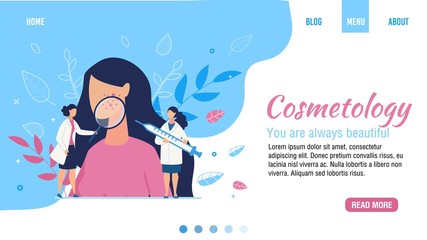 Flat Landing Page for Cosmetology Beauty Salon. Facial Skincare and Epidermidis Treatment. Woman Patient with Acne and Doctor Cosmetologist with Loupe and Syringe. Vector Cartoon Illustration