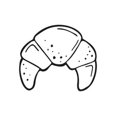 Single hand drawn bagel or croissant. In doodle style, black outline isolated on a white background. Cute element for card, social media banner, stickers. Vector illustration