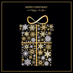 Christmas greeting card with golden gift box and snowflakes.