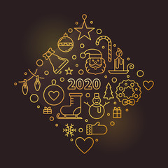 Merry Christmas and Happy New Year 2020 vector golden outline illustration on dark background