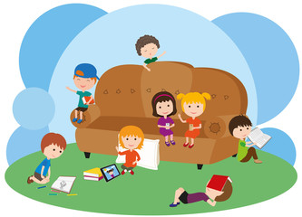Obraz na płótnie Canvas Children read books and play on phones on a large sofa. Entertainment for children. Children with gadgets. Vector illustration.