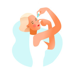 Dry eye syndrome. Eye remedy in drops. Woman or girl hydrating her irritated eyes. Hydration of dry eye medical vector illustration. 