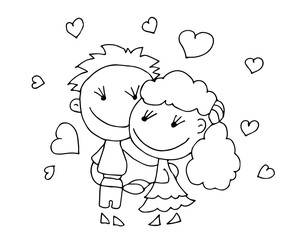Coloring book for kids - smiling boy and girl joined hands on a background of hearts. Valentines day. 14 February. Black and white cute cartoon hand drawing kids. Vector illustration.