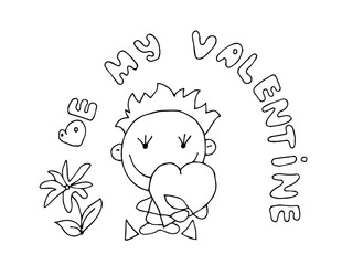 Coloring book for kids - smiling boy with a heart in his hands. Be my Valentine. Valentines day. 14 February. Black and white cute cartoon hand drawing kids. Vector illustration.