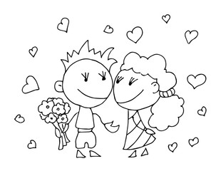 Coloring book for kids - smiling boy with a bouquet of flowers in hand and girl on a background of hearts. Valentines day. 14 February. Black and white cute cartoon hand drawing kids. Vector illustrat