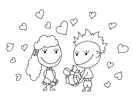 Coloring book for kids - smiling boy with a gift in hand and girl on a background of hearts. Valentines day. 14 February. Black and white cute cartoon hand drawing kids. Vector illustration.