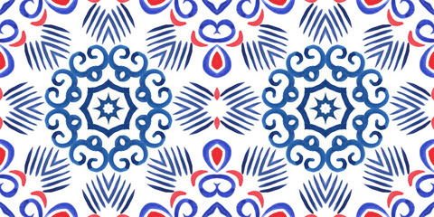 Antique portuguese tiles. Blue Azulejos ceramic. Spanish pottery..Sicily italian majolica. Vintage ethnic background . Mediterranean watercolor seamless wallpaper. Moroccan ornaments in indigo color