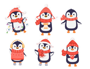 Set of cute penguins. Christmas character.Cartoon illustration