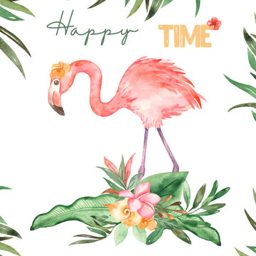 Watercolor card with flamingo and tropical plants © MarinaErmakova