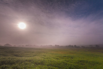 Naklejka na ściany i meble time lapse of an agriculture field with thick mists of fog at the crack of dawn