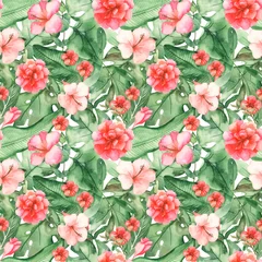 Poster Watercolor seamless pattern with big tropical leaves and flowers © MarinaErmakova