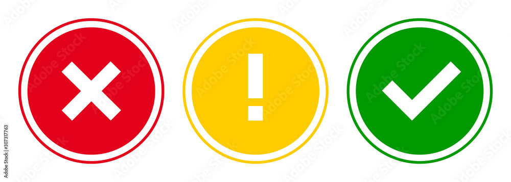 Poster set of round x mark, exclamation point, check mark icons, buttons isolated on white background.