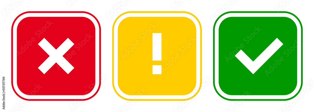 Poster set of square x mark, exclamation point, check mark icons, buttons isolated on white background.