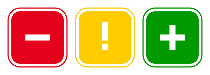 Set of square plus sign, exclamation point, minus sign icons, buttons isolated on white background.