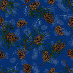 Fototapeta na wymiar Seamless pattern with pine fir christmas tree cedar spruce and cones. Vector hand drawn background for design and decoration textile, covers, package, wrapping paper.