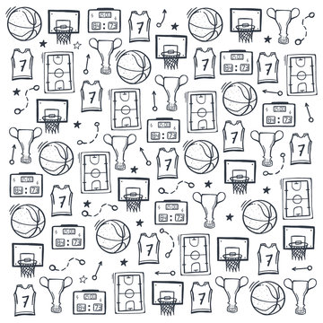 Basketball background with hand draw doodle elements.