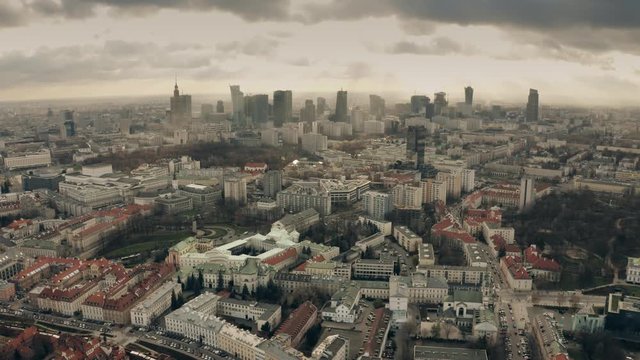 Aerial establishing shot of Warsaw, Poland