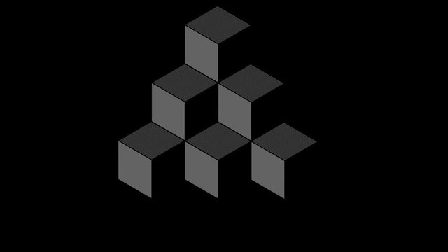 Cubes chained in 3D in black and white with stroboscopic and hypnotic effect, which rotate in a clockwise direction decreasing the size from full screen to disappearing in the center.