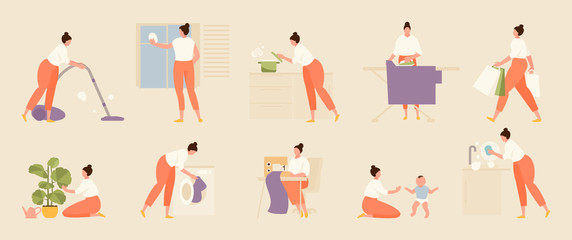 Woman housewife does various housework. Vector set illustration