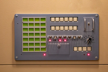 Old fashioned switch board. Retro grunge control panel with switchers and buttons