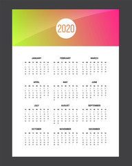2020 Calendar - illustration. Template Mock up. Gradient background
