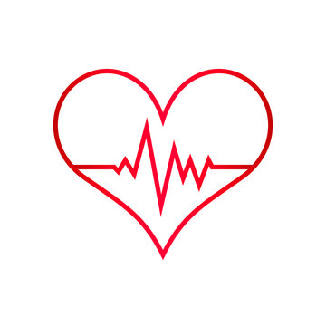Heart illustration with pulse inside. Red line art on white background. Illustration for valentines day, love or healthcare and medical companies. Heartbeat icon for cardiology. Raster image