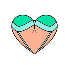 Women's breast in a heart shape with a bra on it. Creative illustration for underwear shop, logo for lingerie store and funny valentines card print. Colored and isolated on white background. Raster