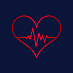 Heart illustration with pulse inside. Red line art on dark background. Illustration for valentines day, love or healthcare and medical companies. Heartbeat icon for cardiology. Vector image