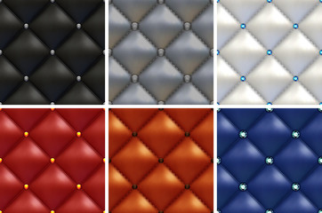 Luxury set of black, white, gray, brown, red, blue patterns of vintage furniture upholstery with different buttons. Seamless textures of leather furniture background